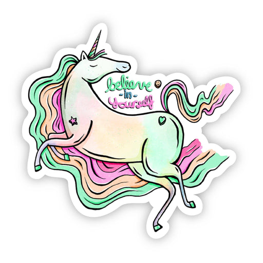 "Believe in Yourself" Rainbow Unicorn Sticker - DiscoSports