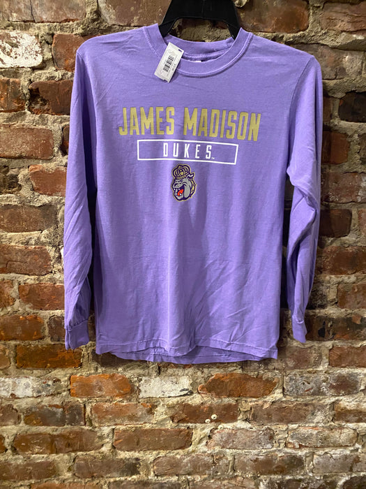 James Madison Adult Mascot Lavender Long Sleeve T-shirt - DiscoSports